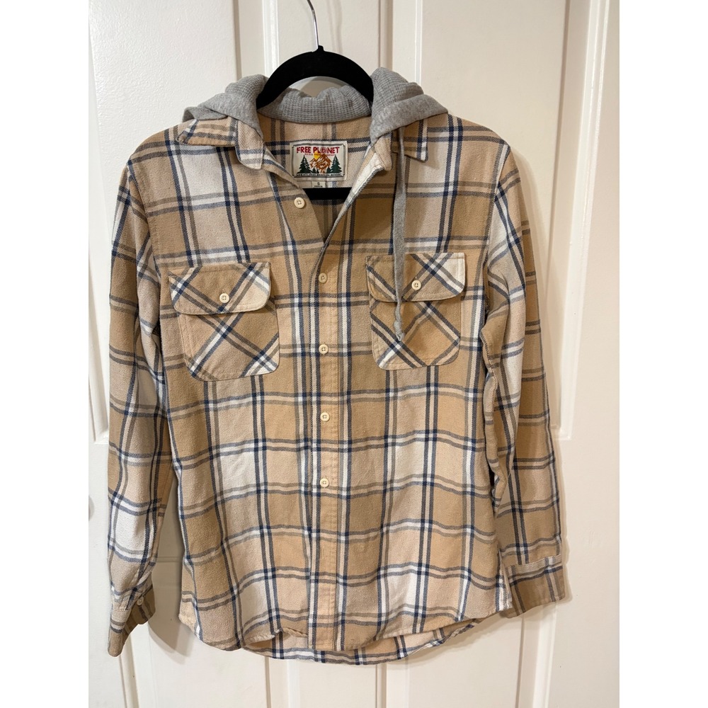 Free Planet | Hooded Plaid Flannel Button Down Shirt | S || Tan Blue|